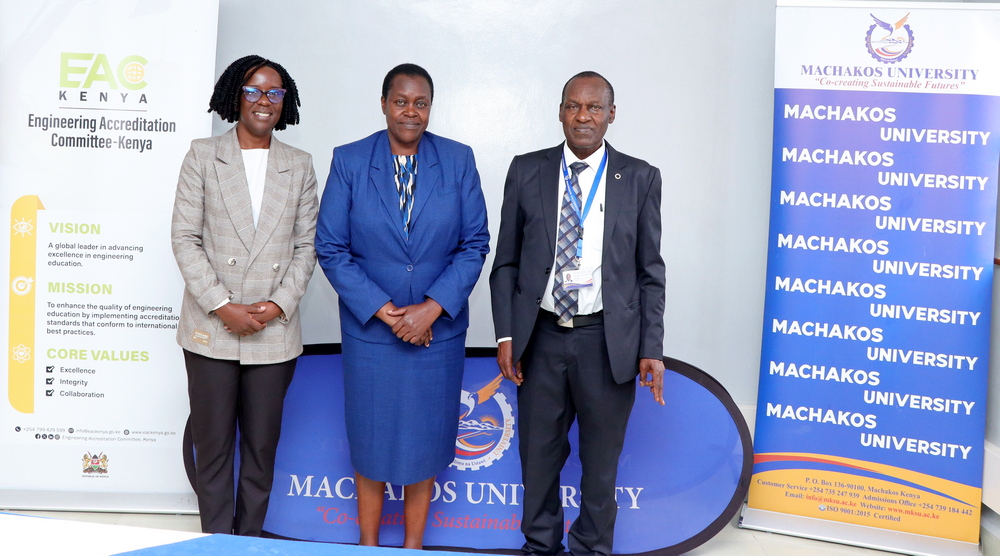 
The Vice-Chancellor Prof. Joyce J. Agalo (center), flanked on the right by the Ag. (DVC ASA) Prof. James Muola and on the left by Eng. Grace Onyango